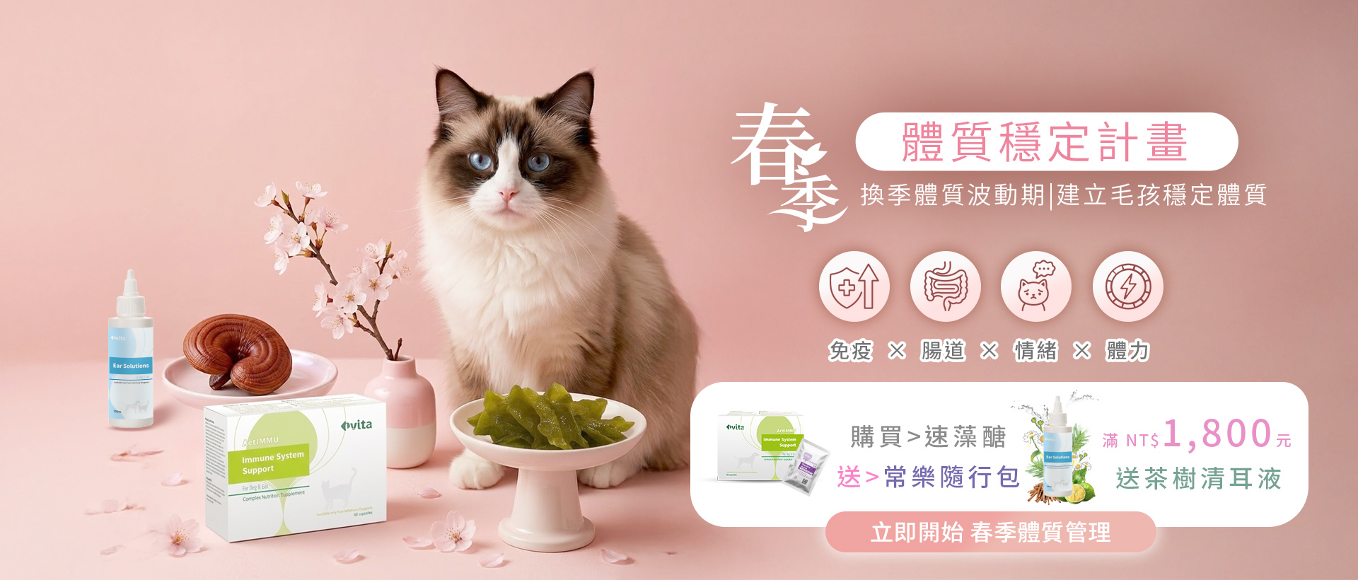 春季體質穩定計畫，幫助貓狗在換季期間維持免疫、腸道、情緒與體力穩定，寵物保健推薦