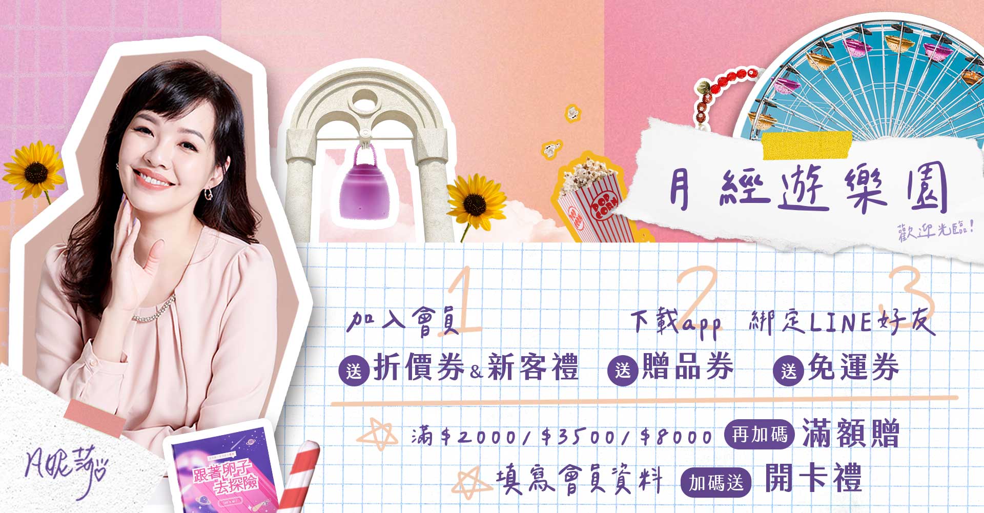 月經遊樂園，歡迎光臨。第一步加入會員，送折價券和新客禮，第二步下載APP，送贈品券，第三步綁定LINE好友，送免運券，滿兩千、三千五、八千元，再加碼滿額贈，填寫會員資料，加碼送開卡禮