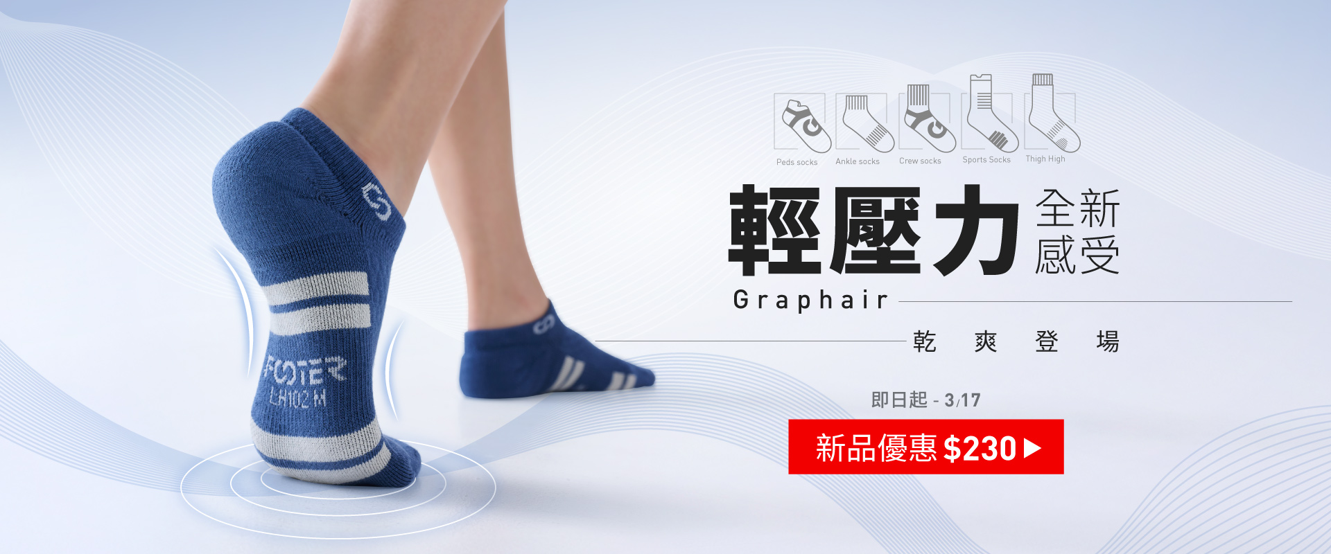 FOOTER獨家輕壓力系列新品，Graphair輕壓力襪，結合石墨烯溫控纖維與抗菌消臭機能，快速帶走濕氣與異味、透氣不悶熱，讓雙腳一整天都保持清爽舒適、不悶不黏，腳汗再多，也能保持乾爽